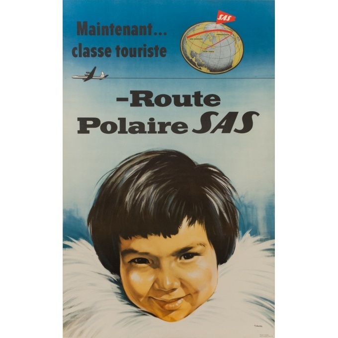 Vintage travel poster - Route Polaire - SAS - T. Mandel - 1955 - 39.37 by 24.80 inches
