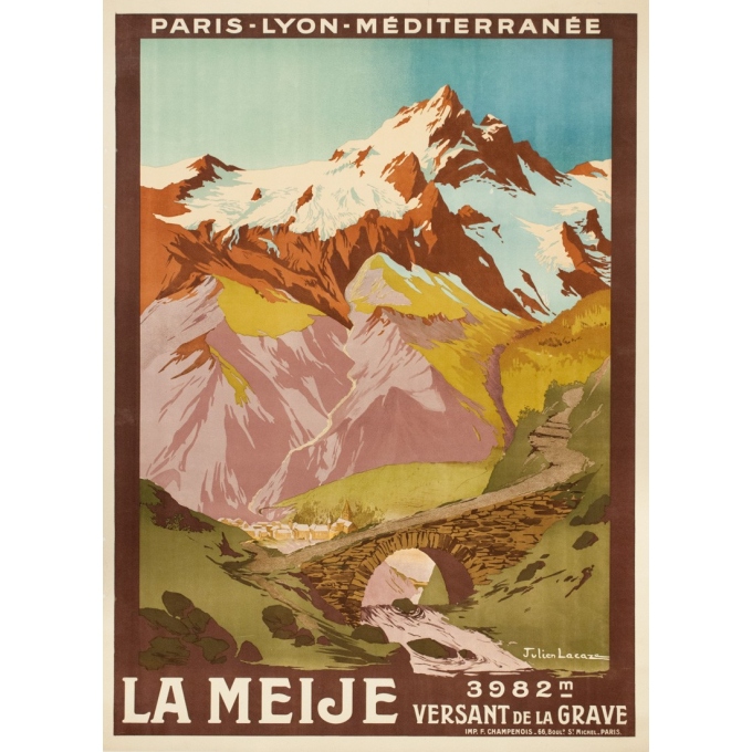 Affiche ancienne de voyage - Julien Lacaze  - 1910 - La Meije- Versant de la Grave - 107 par 78 cm