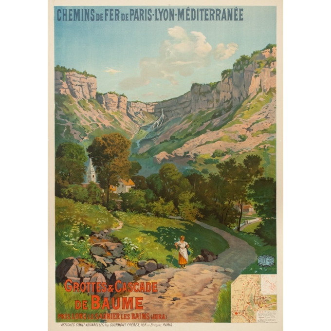 Affiche ancienne de voyage - Tanconvillle - 1898- PLM -Grottes et cascades de Baume - 106 par 76 cm