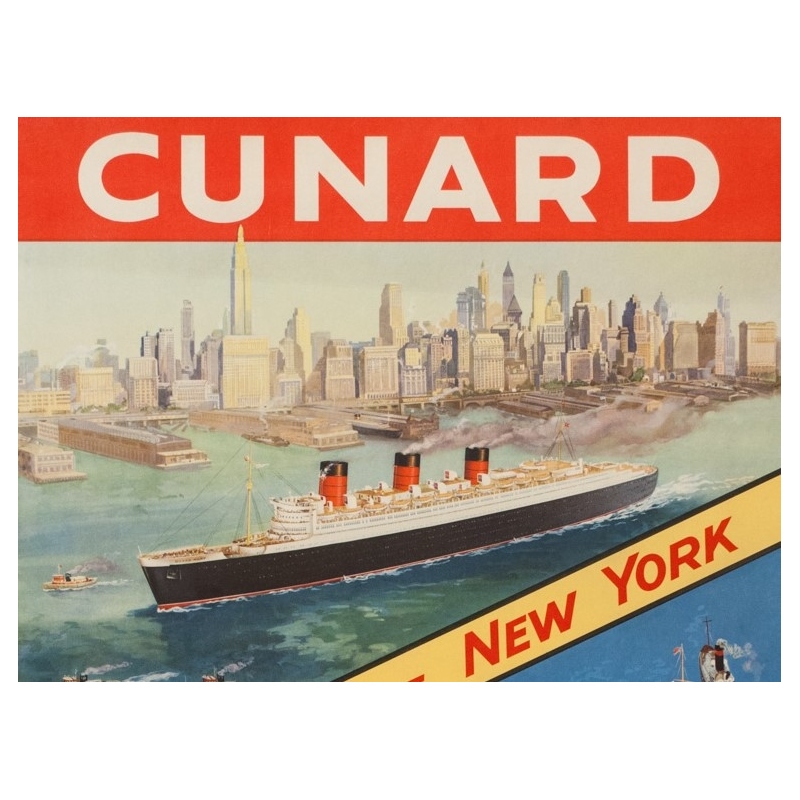 Vintage Travel Poster Cunard Cherbourg New York Circa 1950