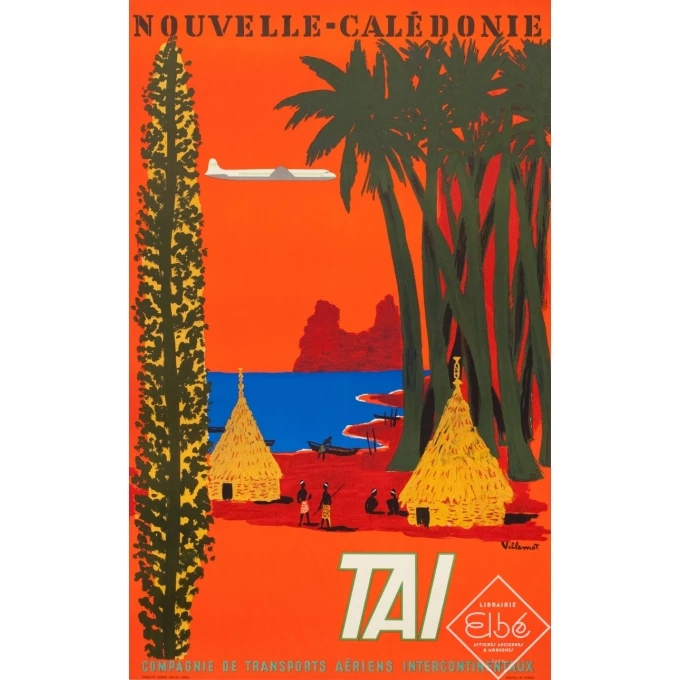 Affiche ancienne de voyage - Villemot - 1958 - Nouvelle Calédonie TAI - 99 par 61.5 cm