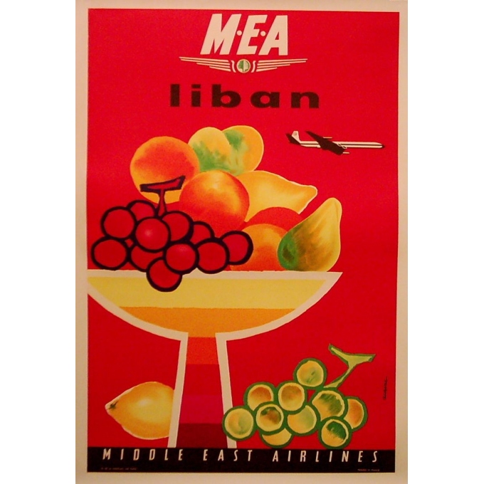 Original vintage poster of the company MEA Lebanon (Middle East Airlines. Elbé Paris.