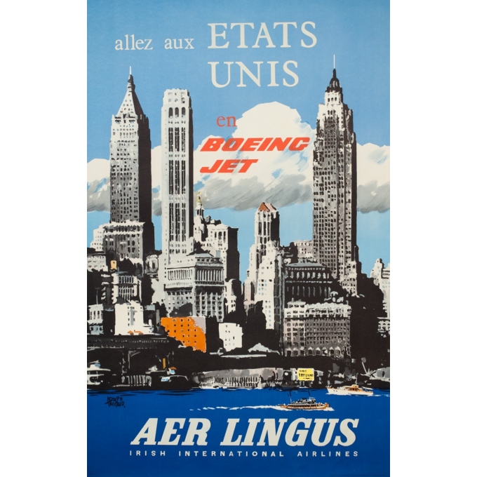 Affiche ancienne de voyage - Treidler - 1960 - Aer Lingus Etats Unis - 101.5 par 64 cm