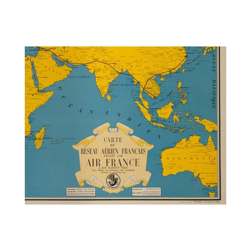 Affiche Ancienne Air France Carte Du Réseau Aérien Français 1940