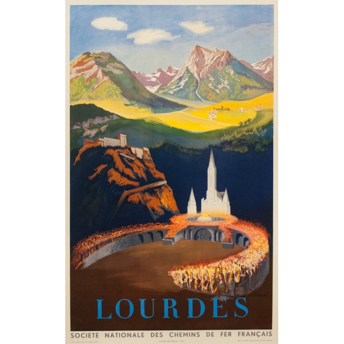 Vintage travel poster - André - 1951 - Lourdes - 39 by 24 inches