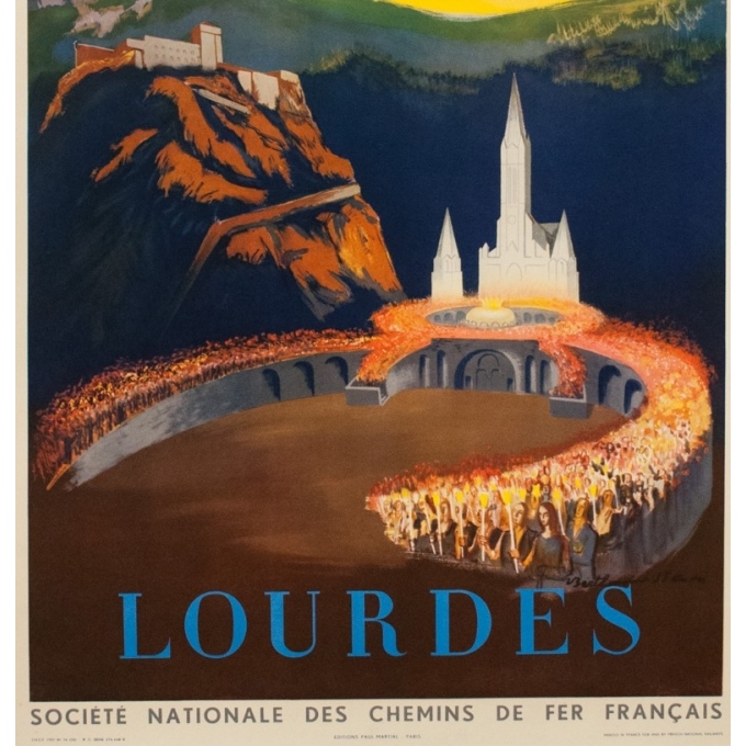 Vintage travel poster - André - 1951 - Lourdes - 39 by 24 inches - 2