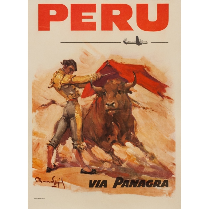 Affiche ancienne de voyage - C Ramos Lopez - 1960 -  Peru Via Panagra - 53 par 72.5 cm