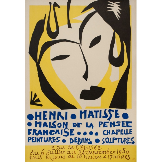 Affiche ancienne d'exposition - Henri Matisse - 1950 - Exposition Maison De La Pensée Française - 80 par 52.5 cm
