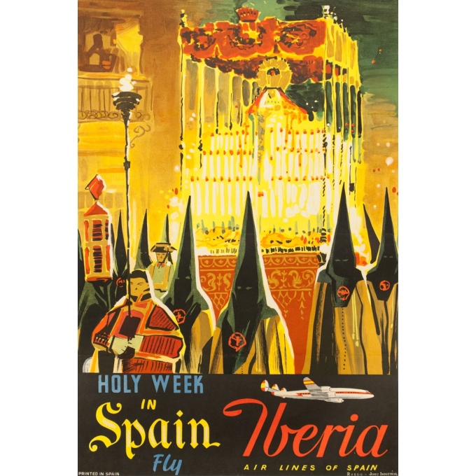 Affiche ancienne de voyage - Circa 1950 - Holly Week In Spain Fly Iberia Espagne - 92 par 62 cm