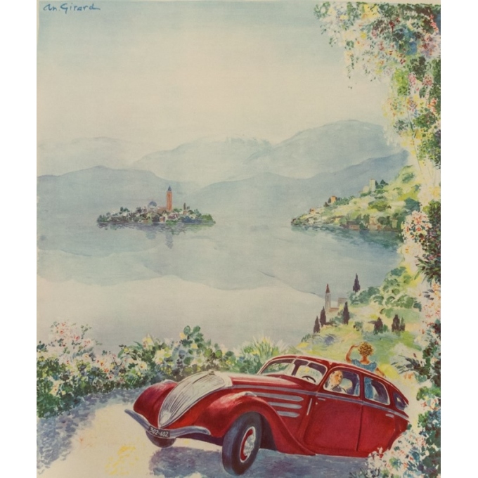 Affiche ancienne de publicité - Antoine Girard - Circa 1950 - Tout Est Plus Beau Avec Une Peugeot - 111 par 75 cm - 2