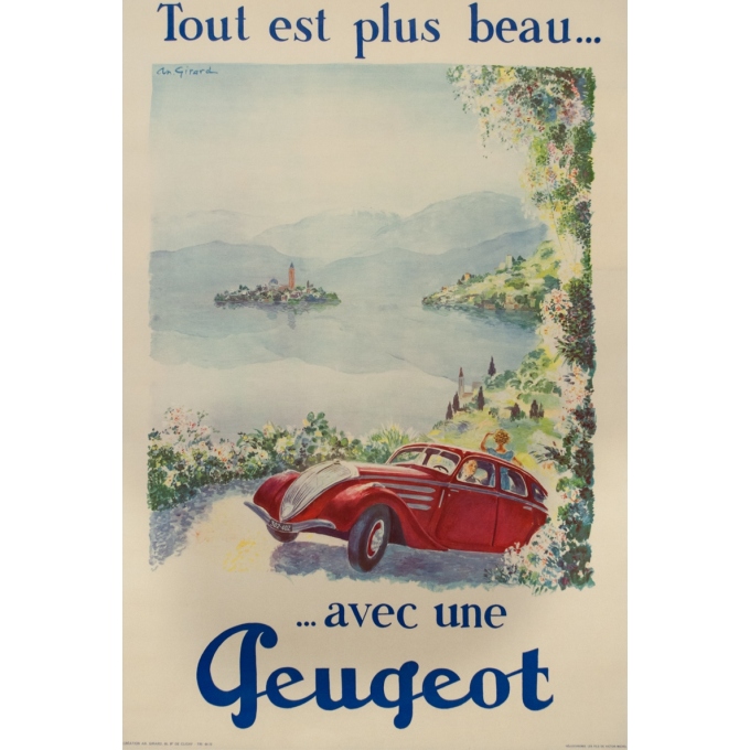 Affiche ancienne de publicité - Antoine Girard - Circa 1950 - Tout Est Plus Beau Avec Une Peugeot - 111 par 75 cm