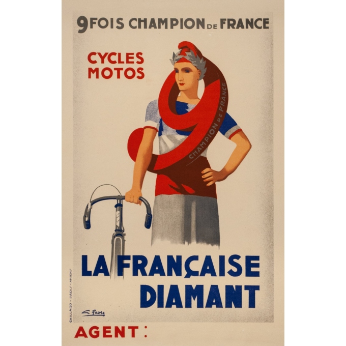 Vintage advertising poster - G.Favre - La Française Diamant 9 Fois Champion De France - 23.4 by 15 inches