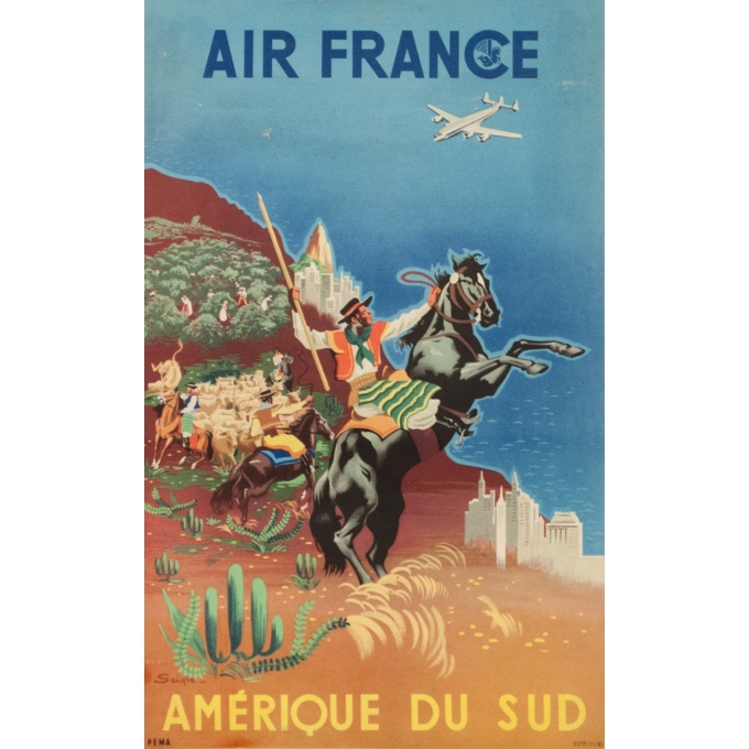 Vintage travel poster - Seigle - 1950 - Air France Amérique du sud 1950 - 19.7 by 12.2 inches