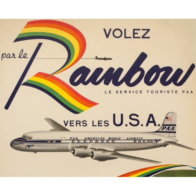 Affiche ancienne de voyage - 1949 - Volez par le Rainbow vers les USA PAA - 101 par 63 cm - 2