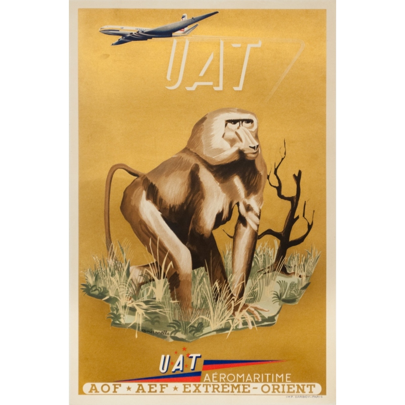 Vintage Travel Poster Aeromaritime Uat Babouin By Toni Mella 1950