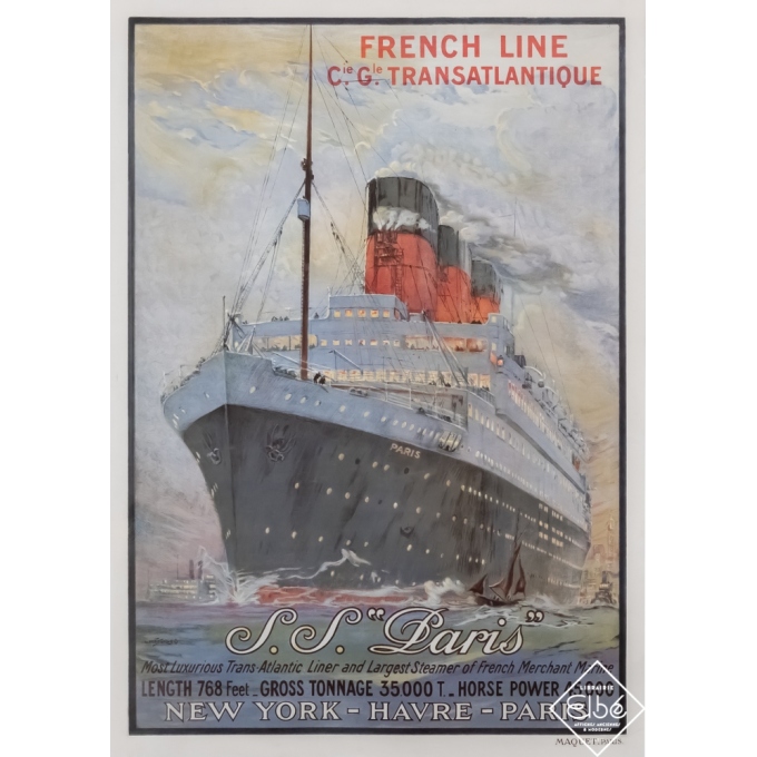 Affiche ancienne de voyage - Albert Sébille - Circa 1925 - French Line S.S Paris New-York Havre Paris  - 107,5 par 76 cm