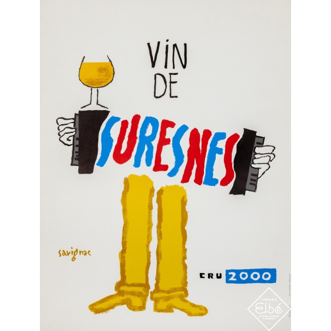 Affiche ancienne de publicité de Savignac, 2000, Vin de Suresnes - Cru 2000. Entoilée, condition B+, dimensions 62,5 par 47 cm