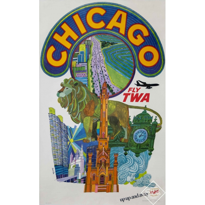 Vintage travel poster - David Klein - Circa 1960 - Fly TWA - Chicago - 40,2 by 25 inches