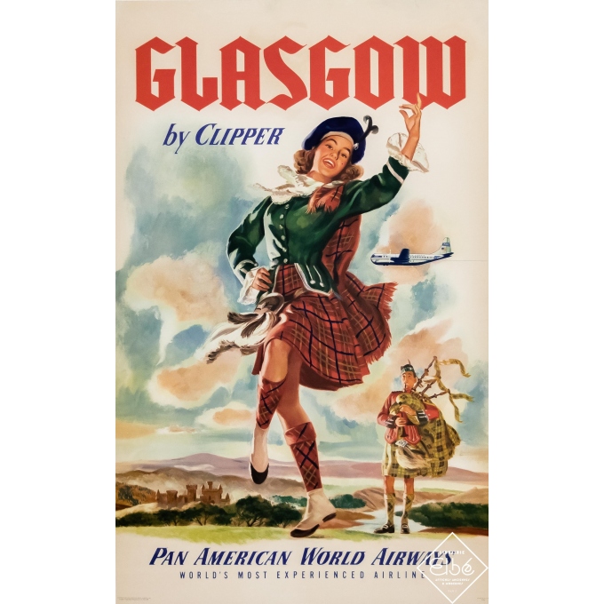 Vintage travel poster - Circa 1950 - Glasgow by Clipper - Pan American - 40,2 by 24,8 inches