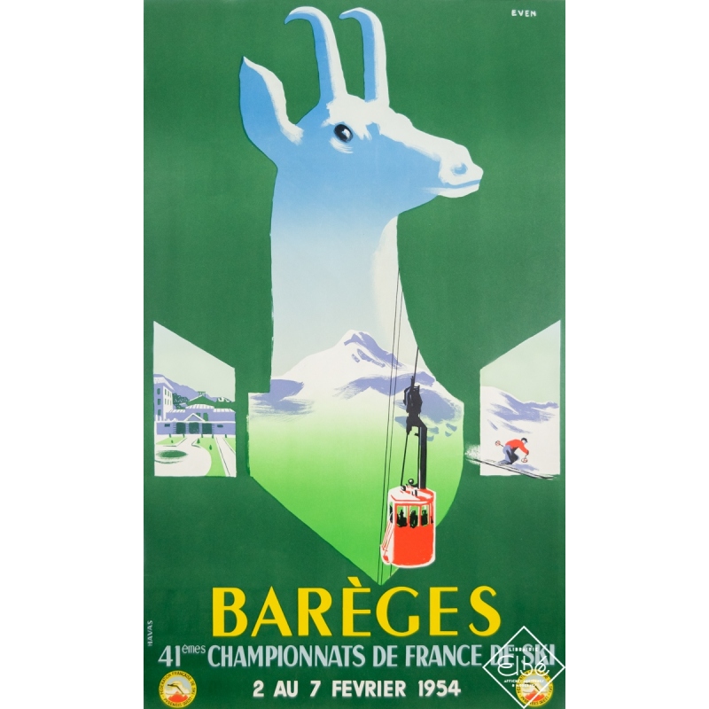 Vintage travel poster - Jean Even - 1954 - Barèges - 41èmes Championnats de France de Ski - 39,4 by 24,4 inches