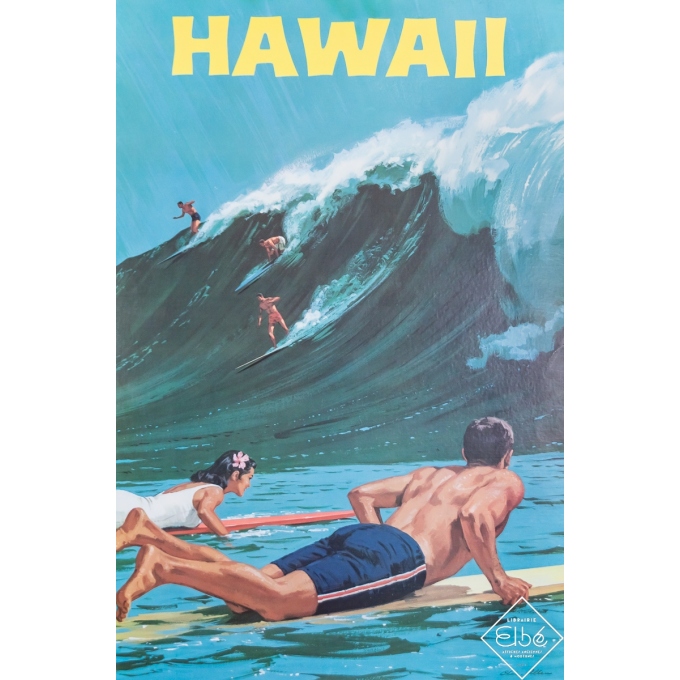 Affiche ancienne de voyage - Hawaii - Surf - Chas. Allen - Circa 1955 - 95 par 64.5 cm