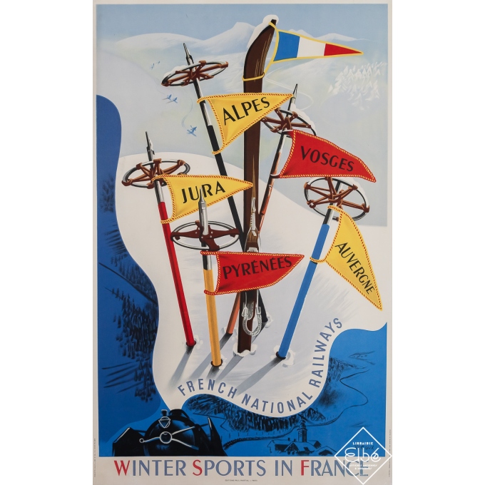 Affiche ancienne de voyage - Winter Sports in France - Vecaux - 1947 - 98.5 par 61 cm