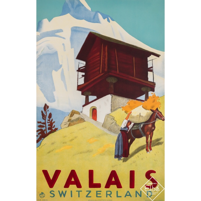 Affiche ancienne de voyage - Valais - Switzerland - Suisse - E. Hermès - 1938 - 100 par 64 cm