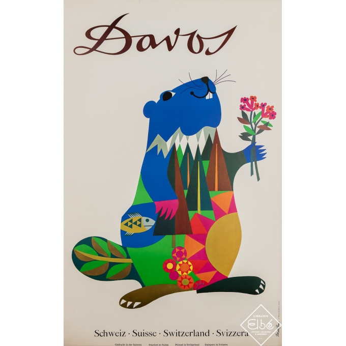 Affiche ancienne de voyage - Davos - Suisse - Donald Brun - Circa 1960 - 101 par 64.5 cm