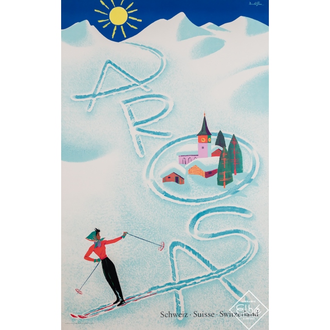 Affiche ancienne de voyage - Arosa Suisse - Donald Brun - Circa 1950 - 101.5 par 64.5 cm