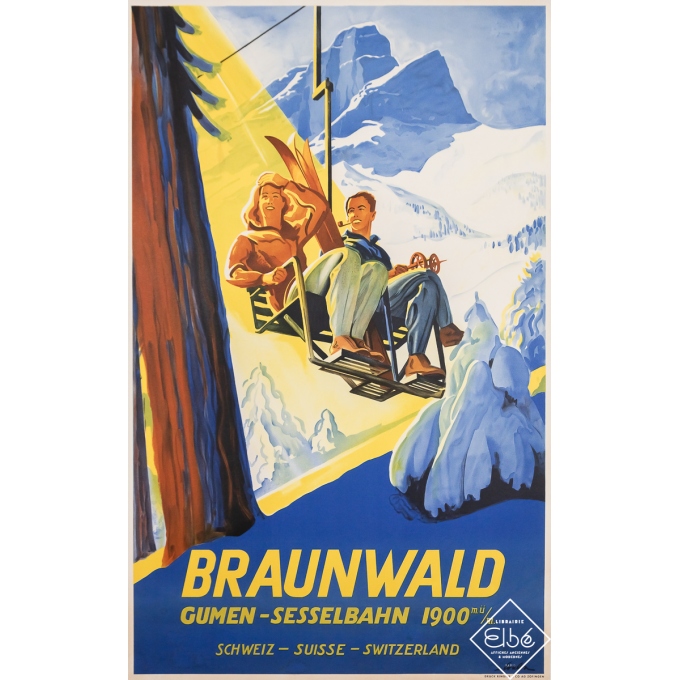 Affiche ancienne de voyage - Braunwald Suisse - Coulon - Circa 1940 - 101 par 63.5 cm