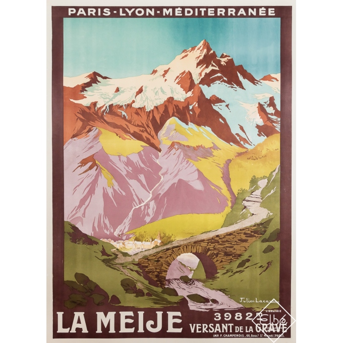 Affiche ancienne de voyage - La Meije Versant de la Grave - Julien Lacaze - Circa 1920 - 108 par 78 cm