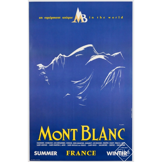 Affiche ancienne de voyage - Mont Blanc France - Y. Laty - Circa 1950 - 97 par 62.5 cm