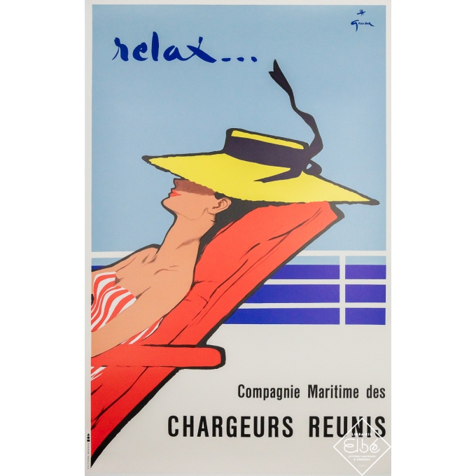 Affiche ancienne de voyage - Relax Compagnie Maritime des Chargeurs Réunis - Gruau - 1950 - 97 par 63 cm