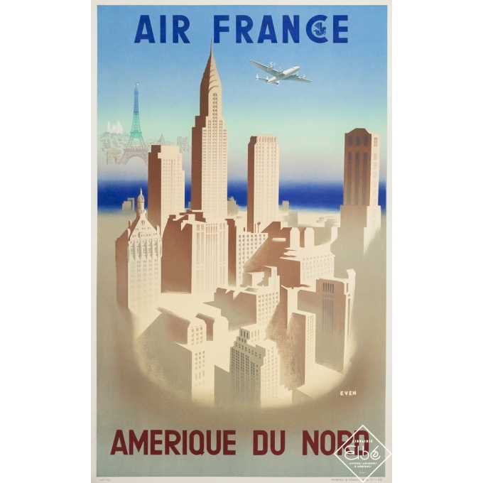 Affiche ancienne de voyage - Air France Amérique du Nord - Even - 1950 - 100 par 63 cm