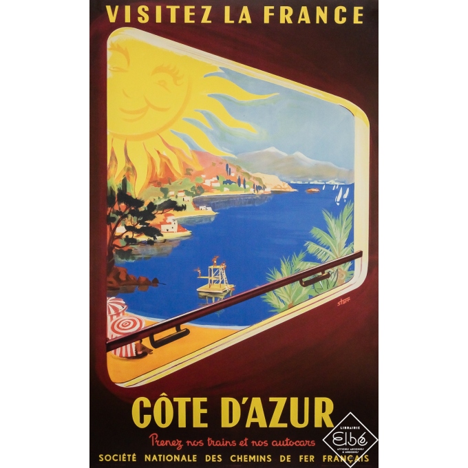 Affiche ancienne de voyage - Visitez la France - Côte d'Azur - SNCF - Starr - 1952 - 100 par 62.5 cm