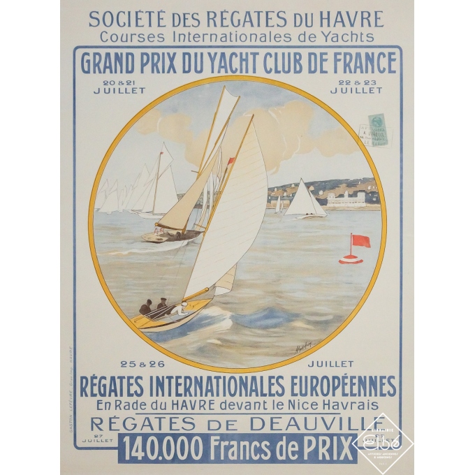 Affiche ancienne de voyage - Grand Prix du Yacht club de France - Deauville - A. Godefroy - 1920 - 79 par 58 cm