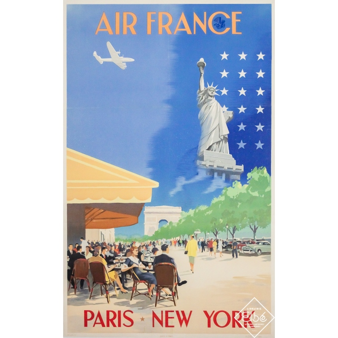 Vintage travel poster - Air France Paris-New-York - Vincent Guerra - 1950 - 39 by 24.4 inches
