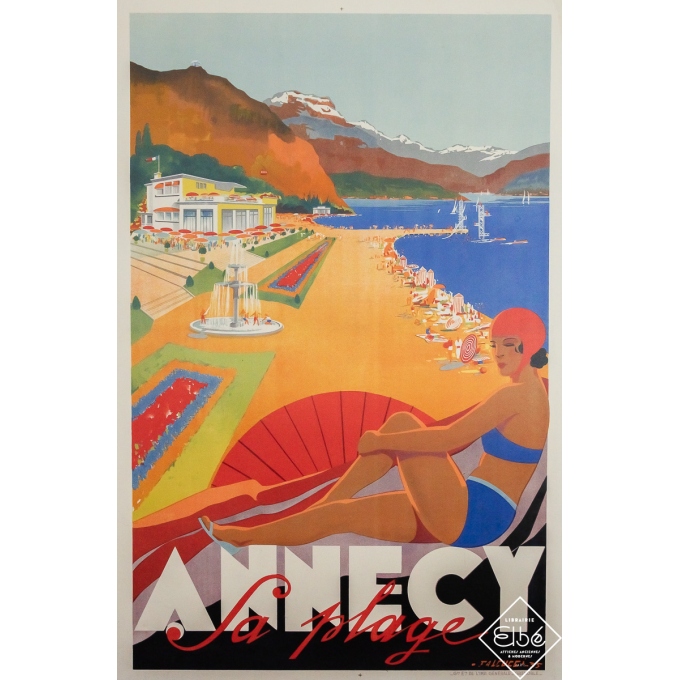 Affiche ancienne de voyage - Annecy la plage - Falcucci - 1935 - 98 par 65 cm