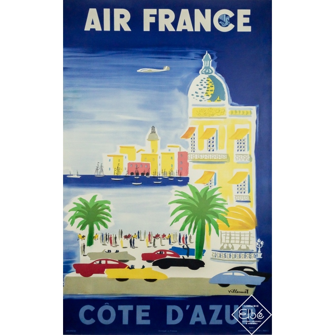 Affiche ancienne de voyage - Air France Côte d'Azur - Villemot - 1952 - 100 par 62.5 cm