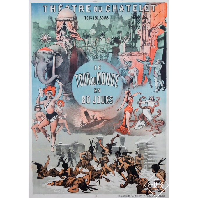 Affiche ancienne originale - Le Tour du Monde en 80 Jours - Théâtre du Chatelet -  - 1886 - 129 par 90 cm