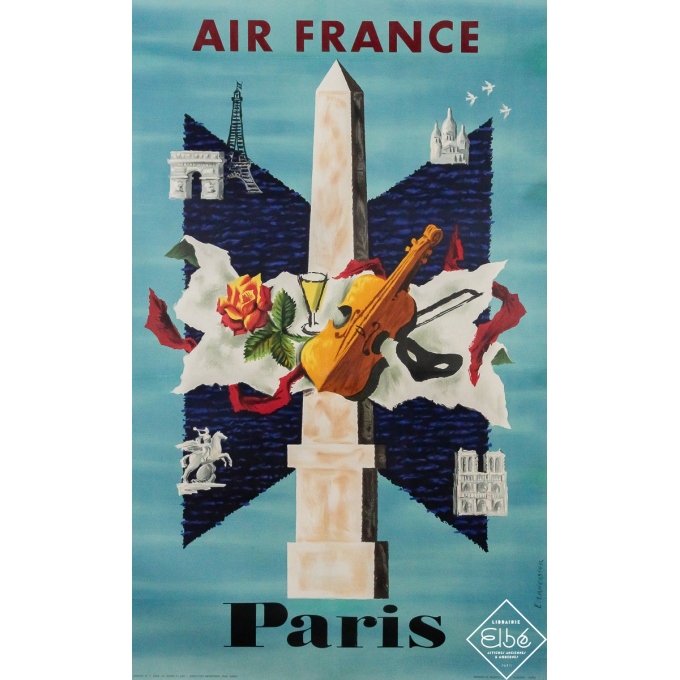 Affiche ancienne de voyage - Air France Paris - E. Lancaster - 1956 - 100 par 61 cm