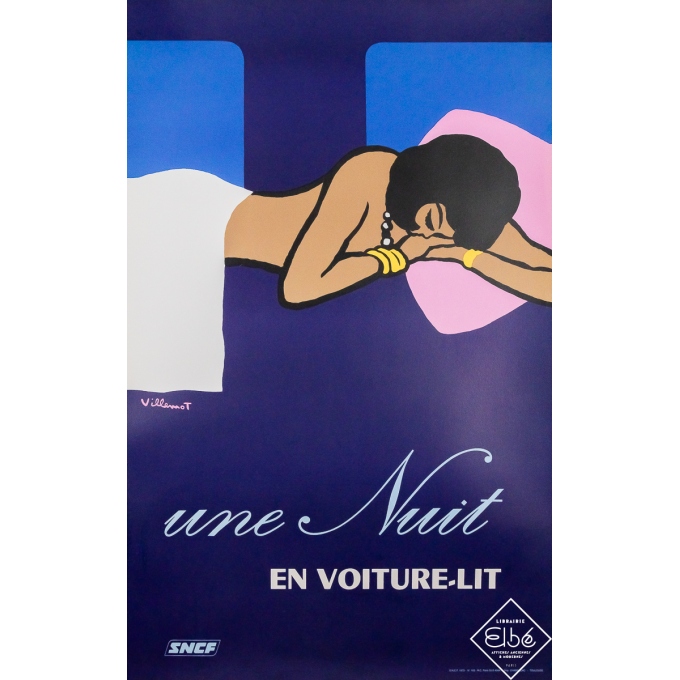 Affiche ancienne de voyage - Une nuit en voiture-lit SNCF - Bernard Villemot - 1973 - 99.5 par 63 cm