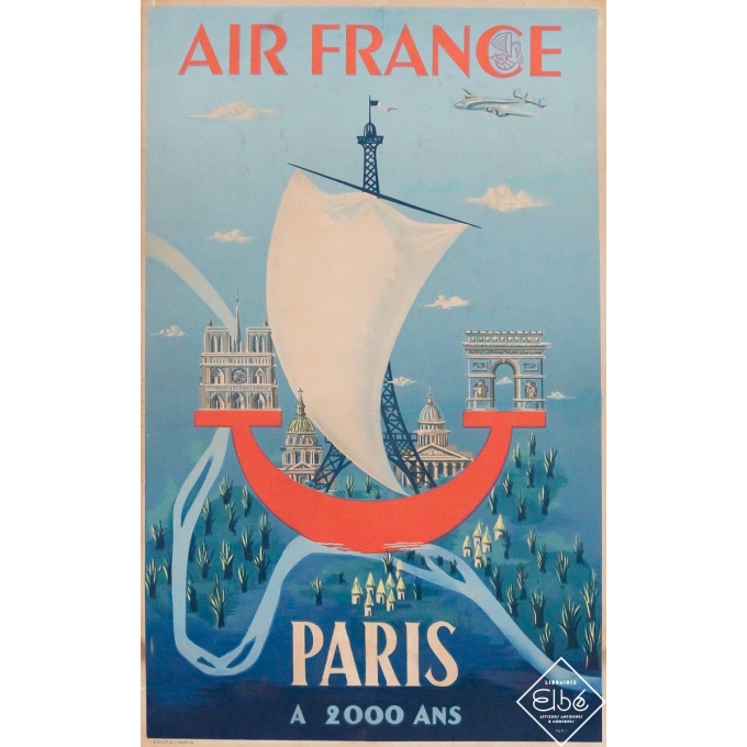 Affiche ancienne de voyage - Air France Paris a 2000 ans - J. Bilon - 1951 - 49.5 par 32 cm