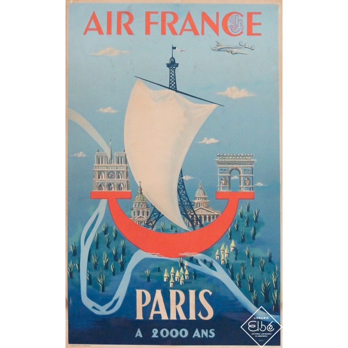 Vintage travel poster - Air France Paris a 2000 ans - J. Bilon - 1951 - 19.5 by 12.6 inches