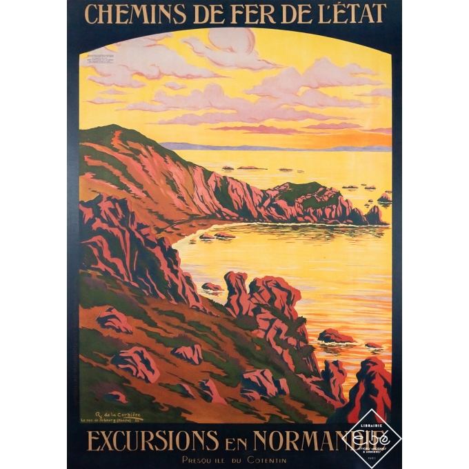 Affiche ancienne de voyage - Excursions en Normandie - Presqu'île du Cotentin - R. De La Corbière - 1923 - 105 par 75.5 cm