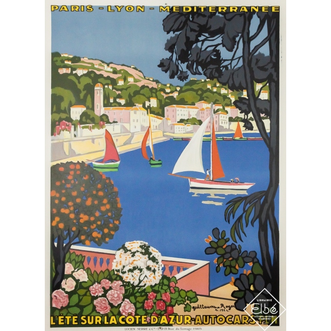 Affiche ancienne de voyage - L'été sur la Côte d'Azur - Autocars PLM - Guillaume Roger - 1924 - 108 par 79 cm