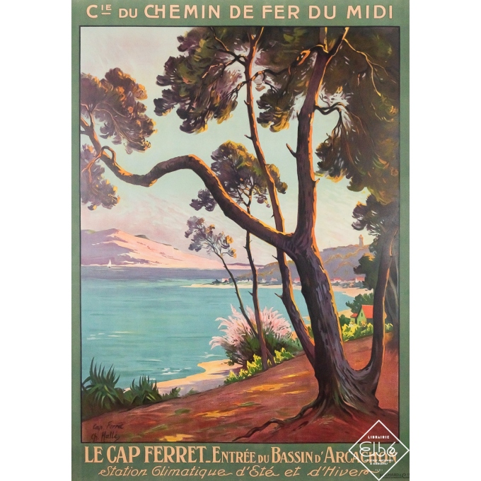 Affiche ancienne de voyage - Le Cap Ferret - Entrée du bassin d'Arcachon - Charles Hallé - 1921 - 105.5 par 74.5 cm