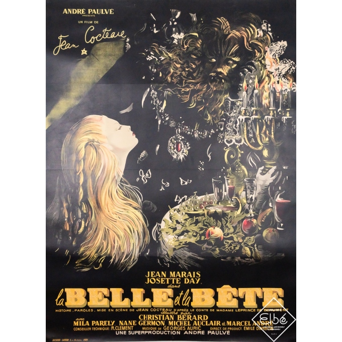 Vintage movie poster - La Belle et la Bête de Jean Cocteau - Jean Cocteau - 1950 - 63 by 47.2 inches