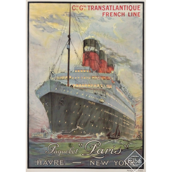 Affiche ancienne de voyage - Paquebot Paris Havre New York - Albert Sébille - Circa 1930 - 103 par 73 cm