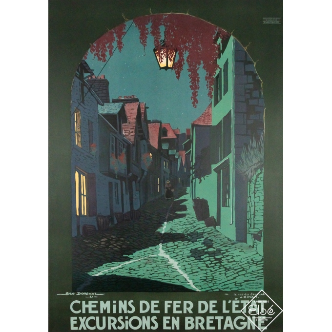 Affiche ancienne de voyage - Chemins de Fer de l'Etat - Excursions en Bretagne - Dinan - Geo Dorival - 1921 - 106 par 74 cm